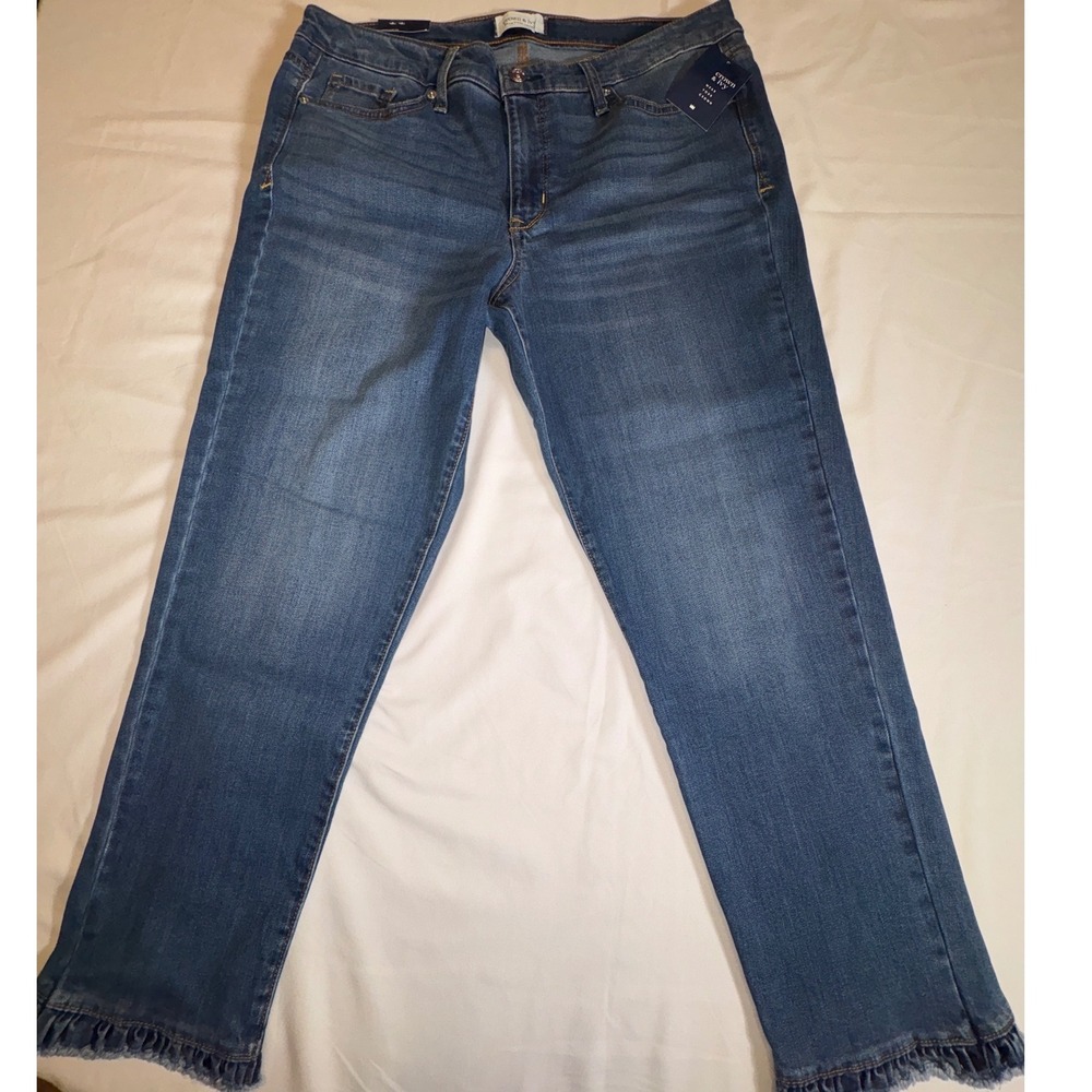 Crown & Ivy Womens Ruffle Hem Ankle Jeans Medium Wash Denim Blue Size 14 NEW